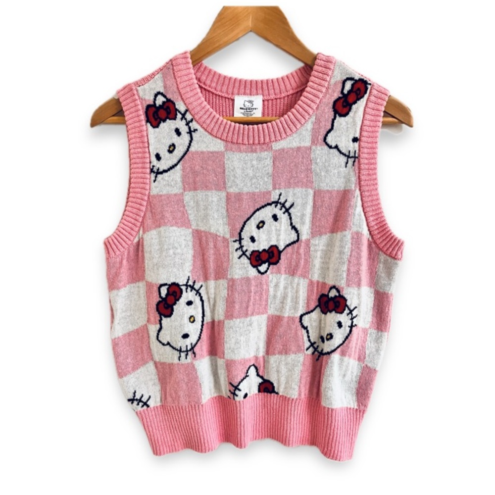 Hello Kitty Sweater Vest Kawaii Y2K Cute Girly Checkered Pink - Picture 2 of 8